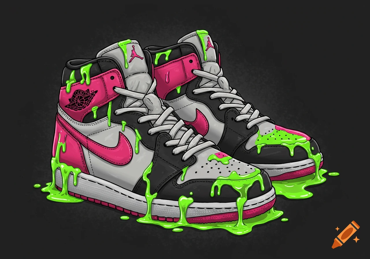 Two Jordan sneakers dripping with green slime on a dark background, illustration style.