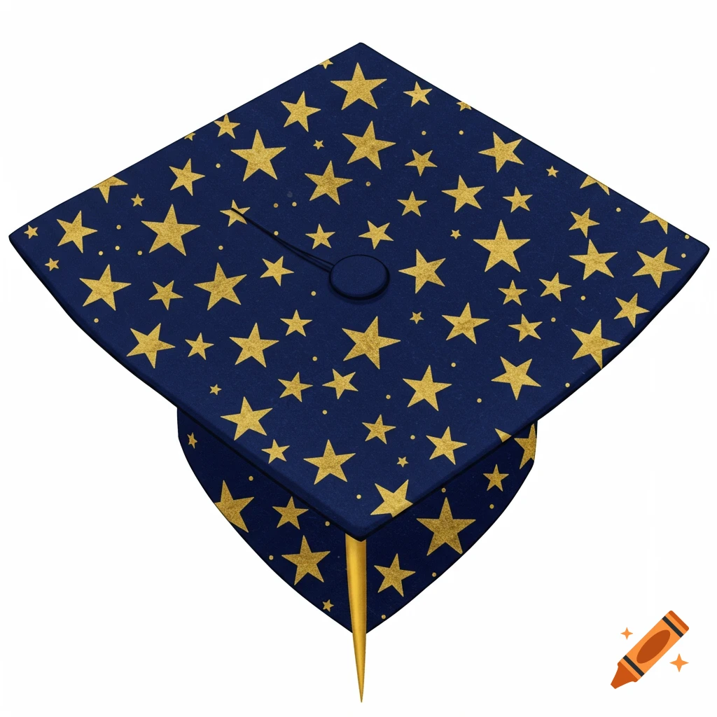 A blue graduation cap covered in gold stars.