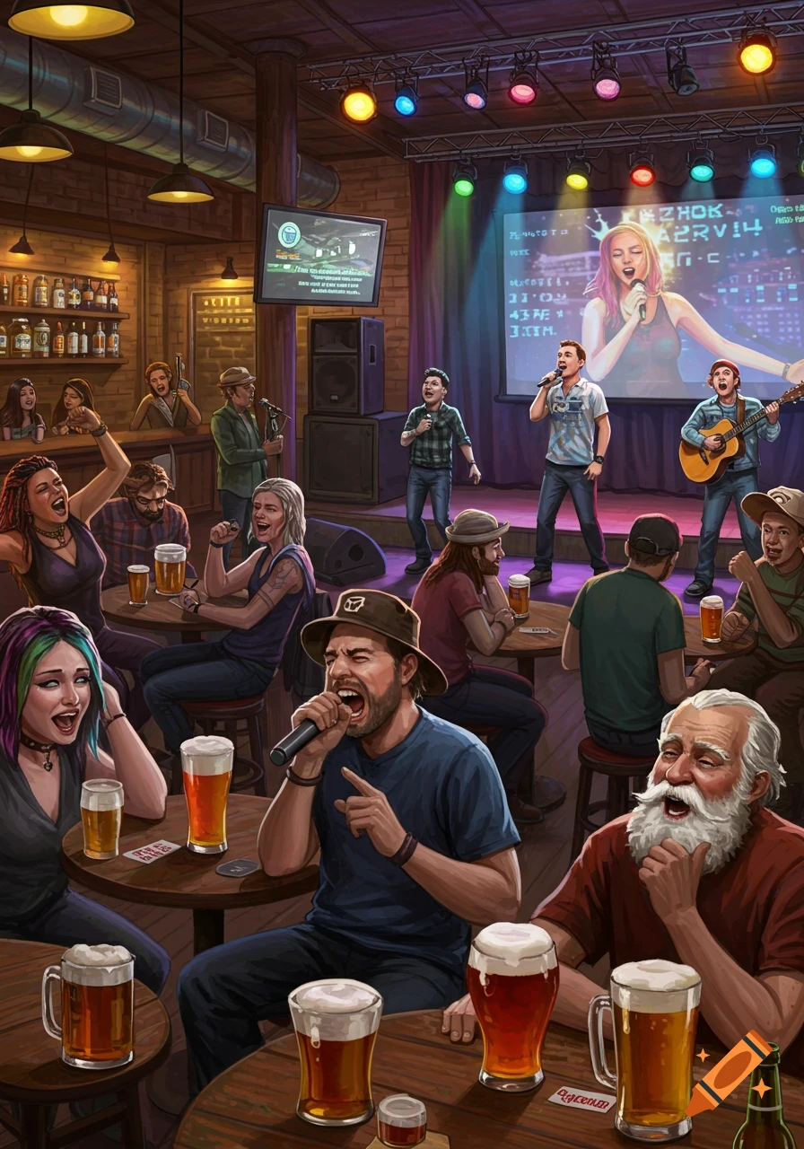 Illustration of people singing karaoke in a crowded brewpub