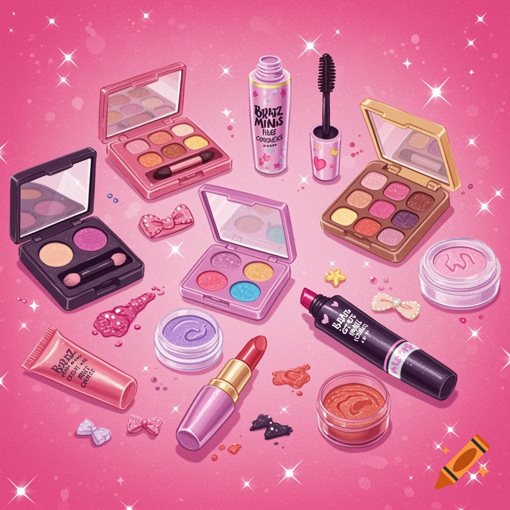 An overhead view of Bratz-style mini cosmetic products like eyeshadow palettes, mascara, lipstick, and gloss on a pink background with sparkles.