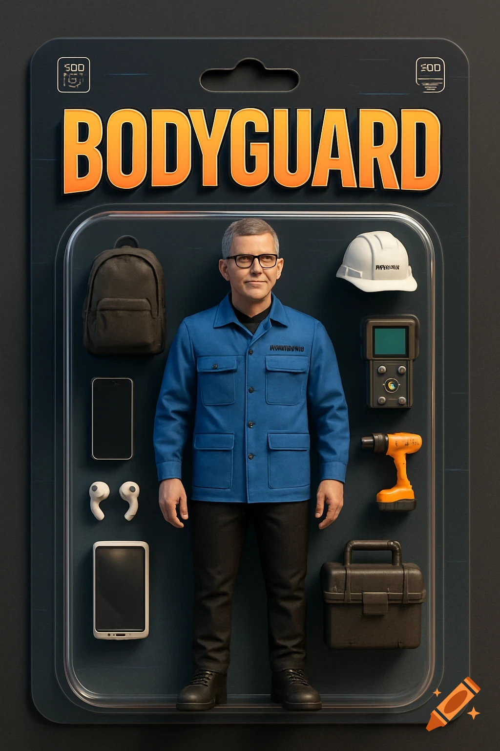 Action figure packaging with 'BODYGUARD' label, featuring a man figure and various tools.