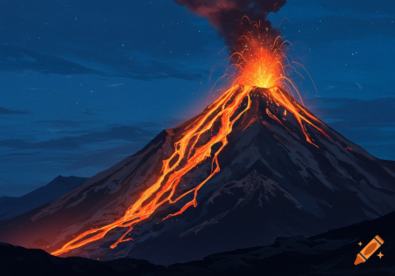 Stylized illustration of a volcano erupting at night, with bright lava flowing down the slopes.