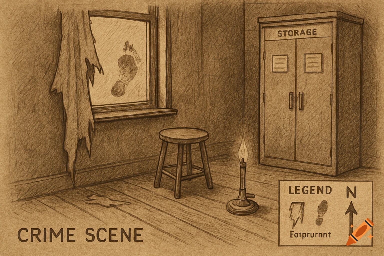 Sketch illustration of a crime scene with a footprint on a window, a stool, bunsen burner, and storage closet with labels.
