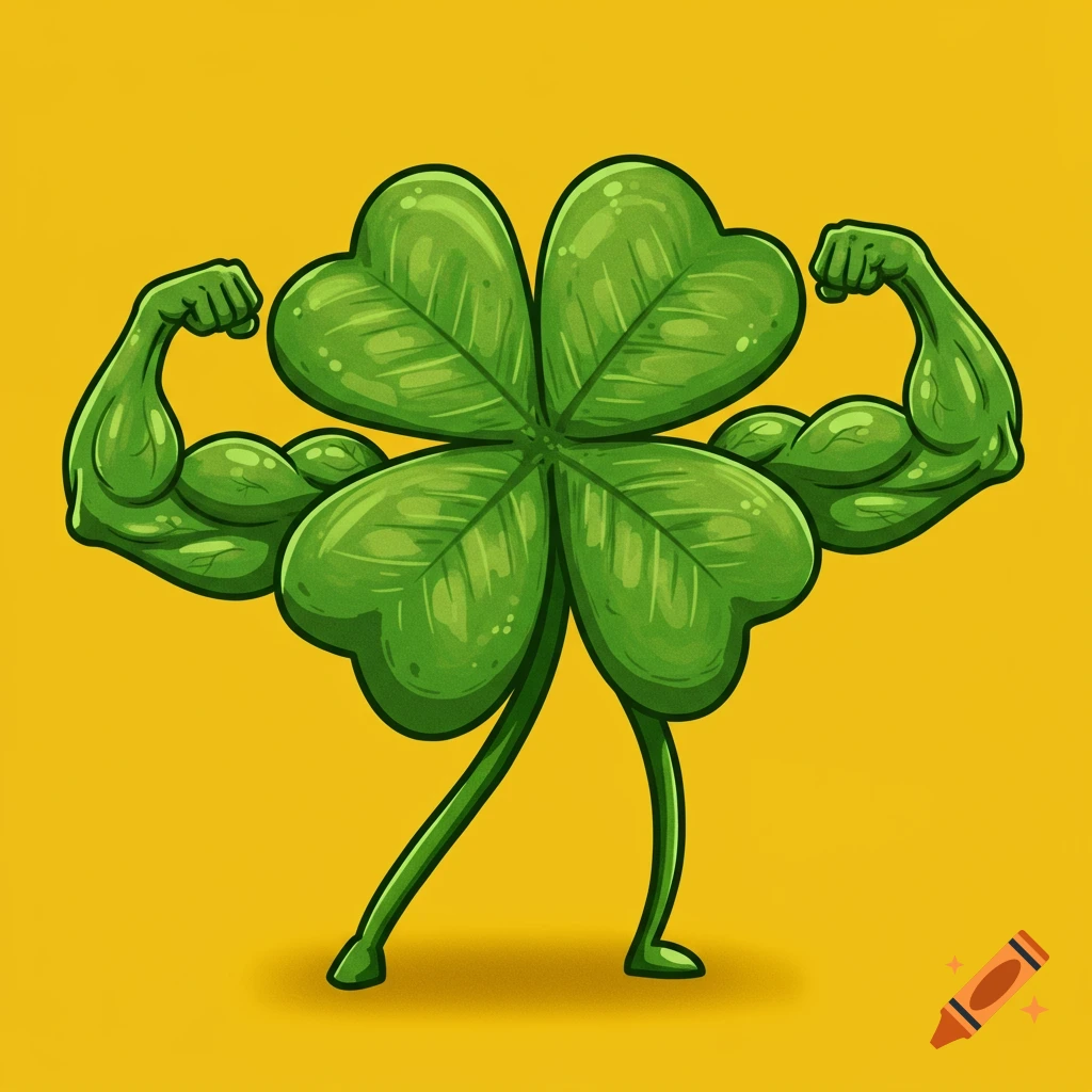 Cartoon four leaf clover with flexing muscles on a yellow background.
