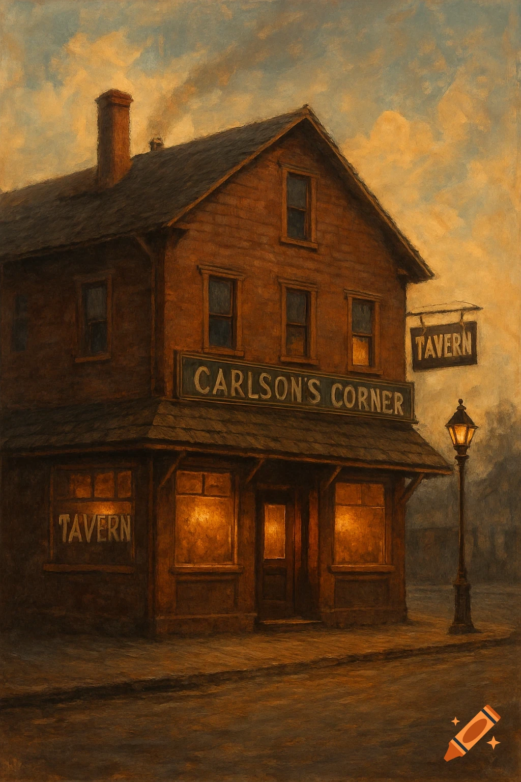 Painting of Carlson's Corner tavern at dusk with lights glowing from windows and a street lamp.
