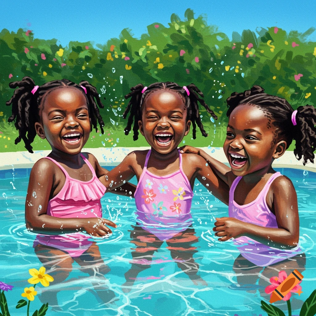 Three young girls playing happily in a swimming pool, illustration