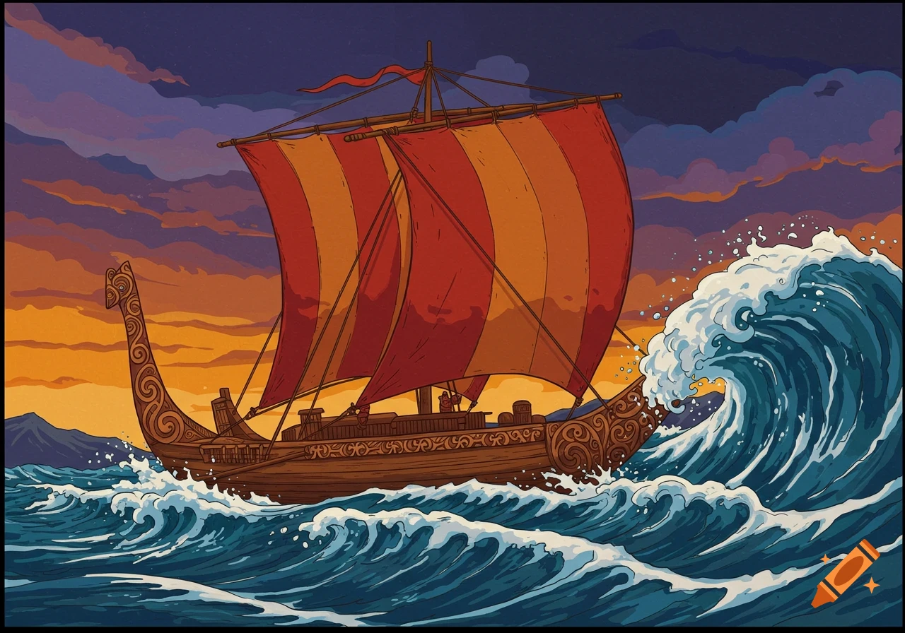 Traditional sailboat with Maori carvings on stormy seas at sunset in an illustrative style.