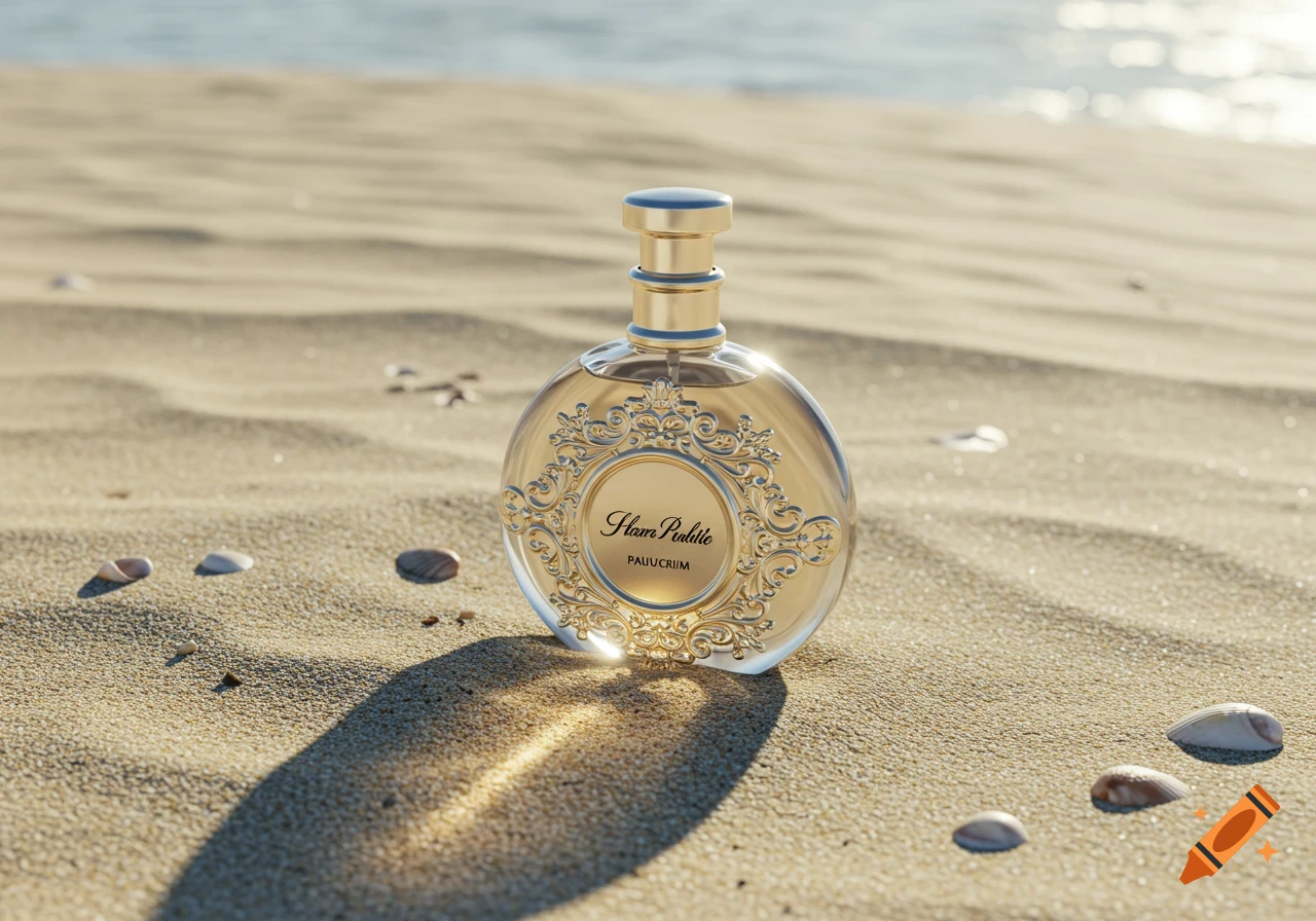 Round gold perfume bottle on a sandy beach with shells and the ocean in the background, photorealistic.