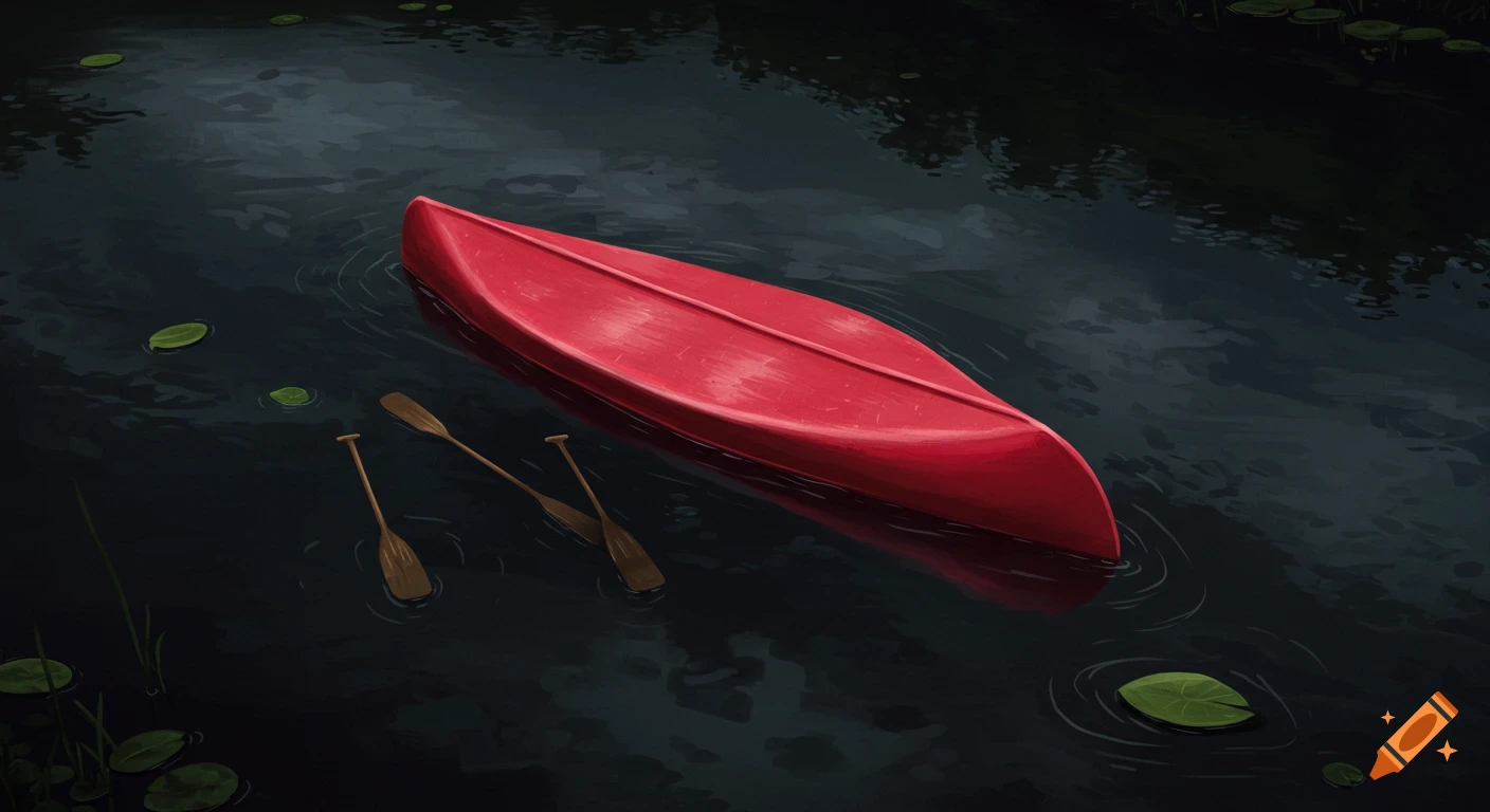 A red canoe lies capsized in dark water with paddles floating nearby in a painterly illustration.