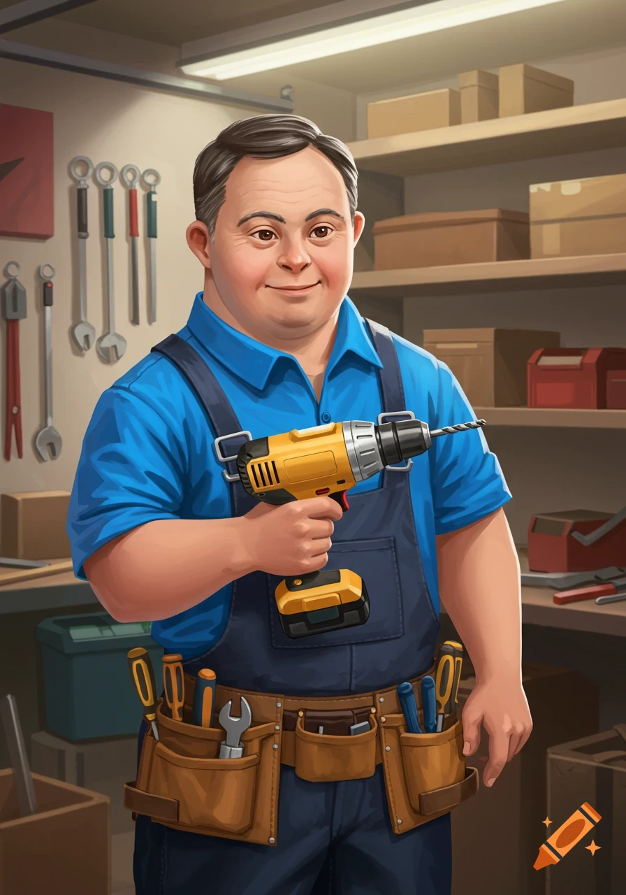 Illustrative portrait of a handyman with Down Syndrome holding a drill in a workshop.