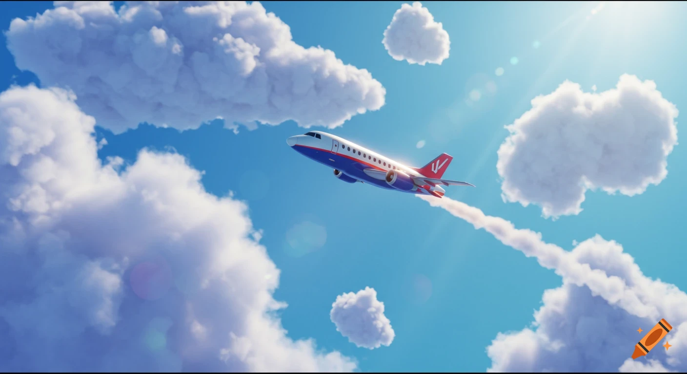 Animated airplane flying through clouds in a bright blue sky
