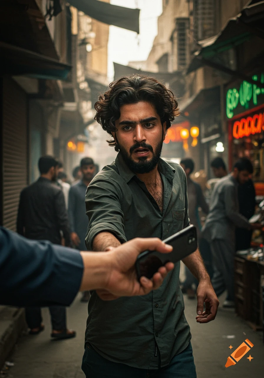 A man with a beard in a busy street reacts as a hand holding a phone is extended towards him, photorealistic style.