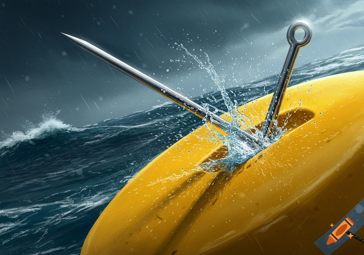 Sharp metal point pierces a yellow buoy in a stormy sea with splashes.