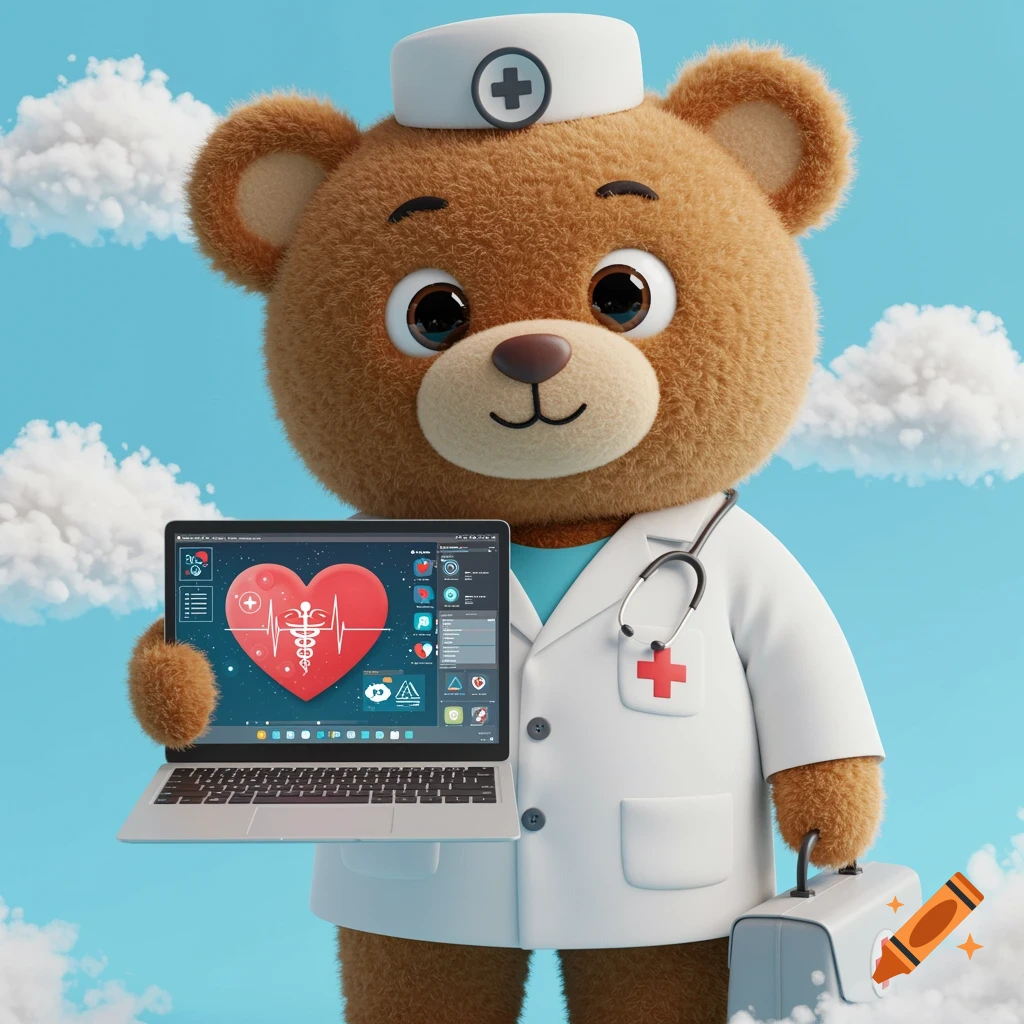 A cute teddy bear mascot dressed as a doctor holds a laptop displaying a medical heart graphic.