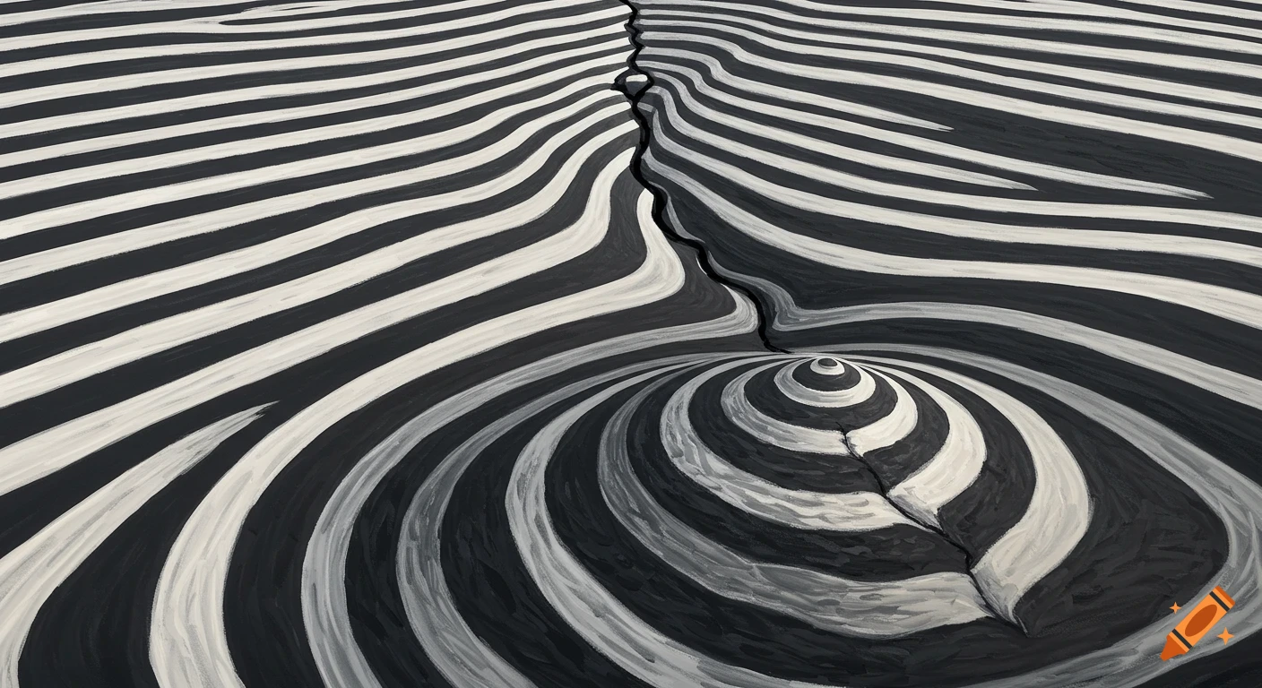 Abstract black and white optical illusion pattern with curved lines and a central split.