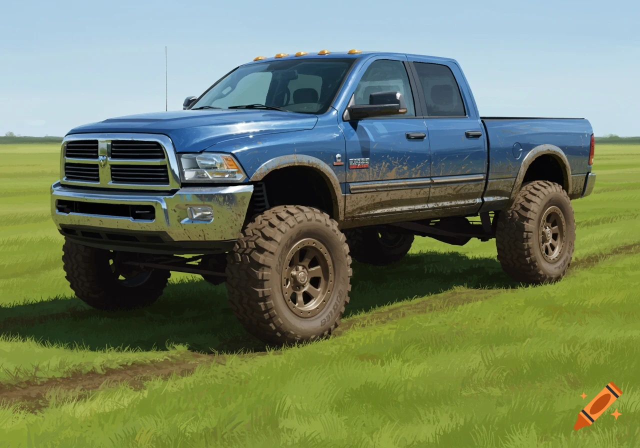 A blue lifted pickup truck with large tires sits in a grassy field.