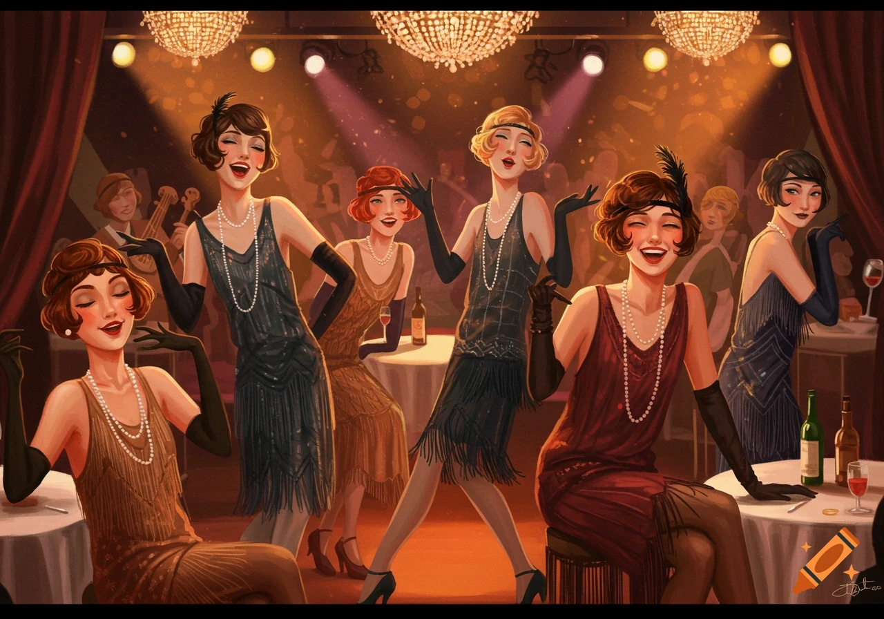 Illustration of flappers dancing and socializing in a 1920s speakeasy