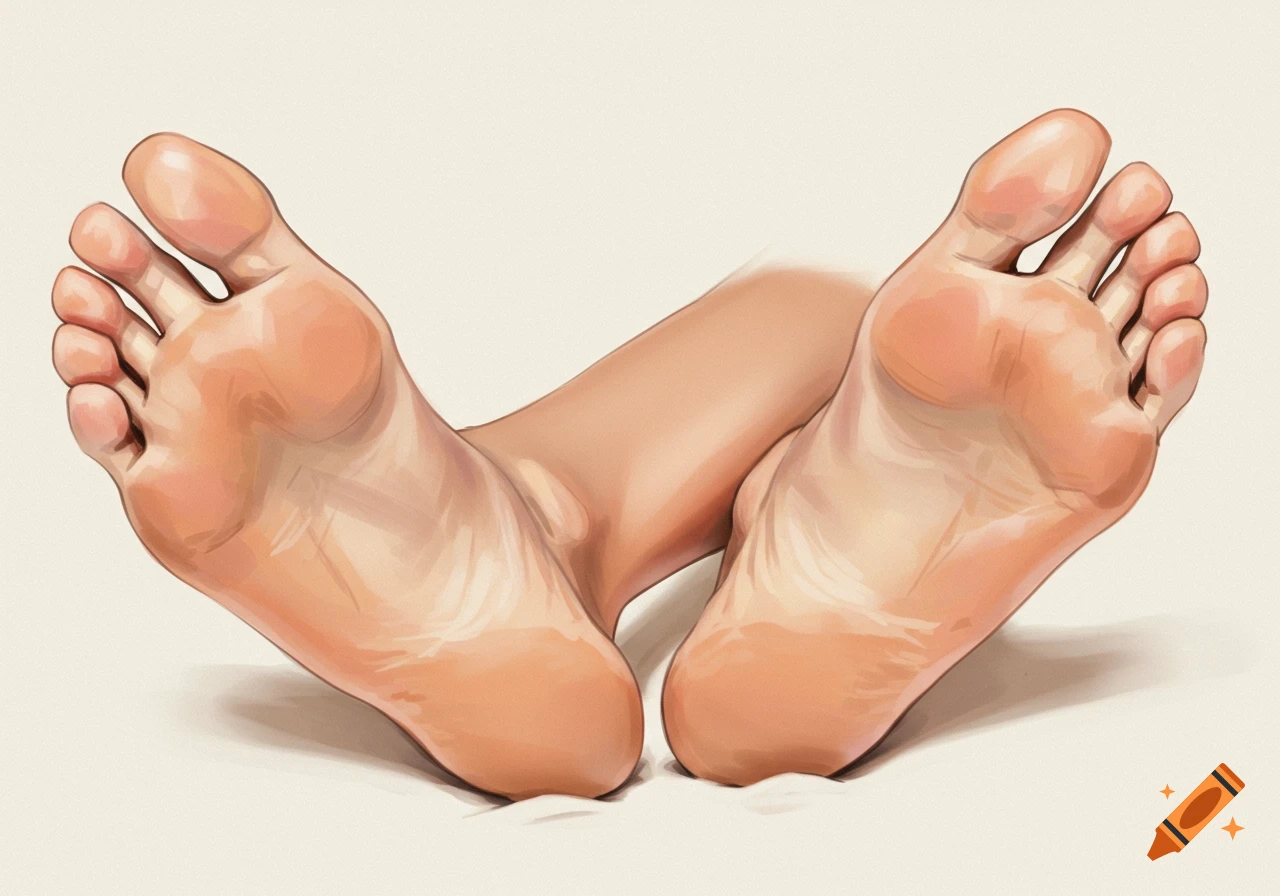 Detailed illustration of the soles of two feet resting on a surface.