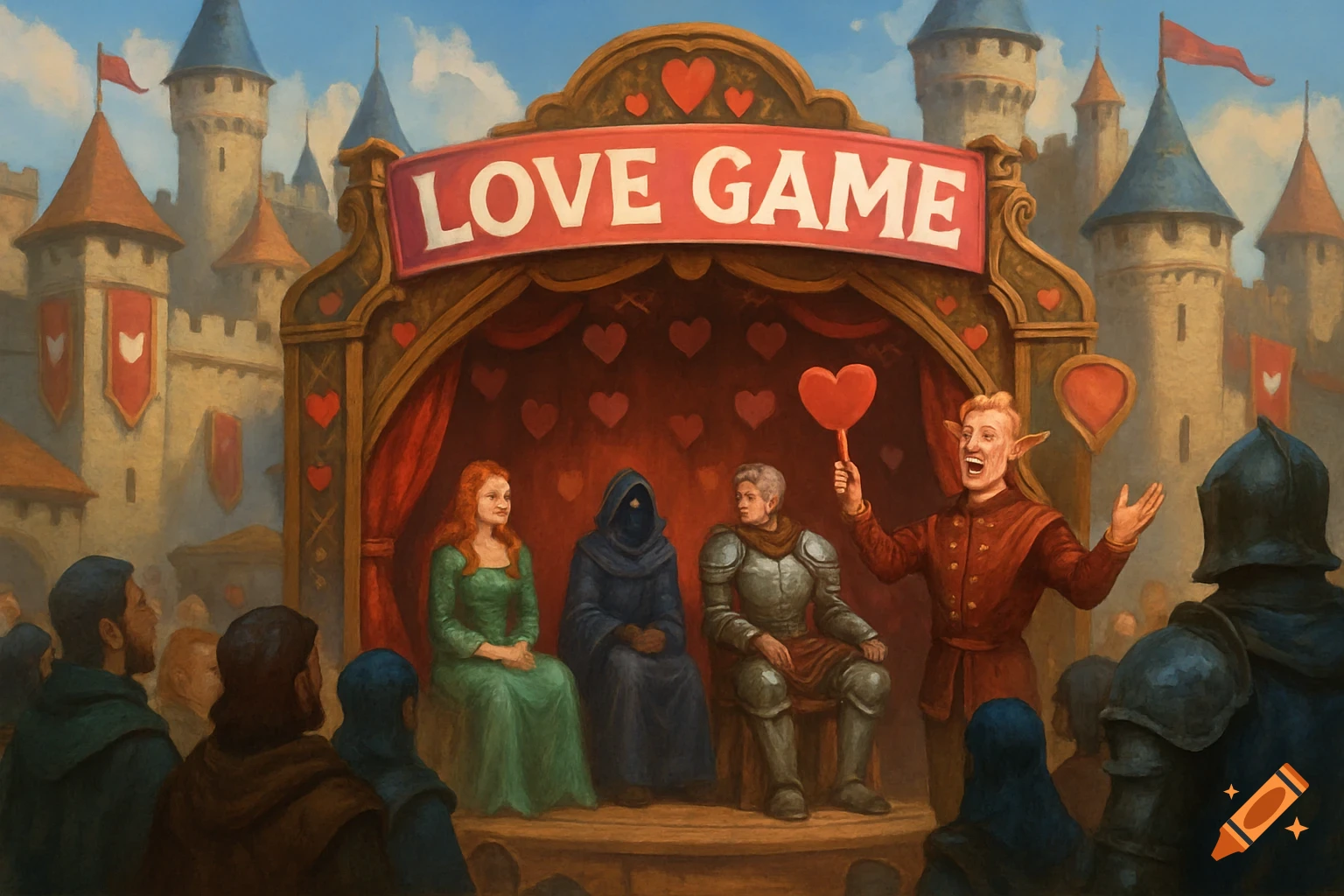 Painting of a medieval 'Love Game' show on a stage with contestants and host in a town square before a castle.