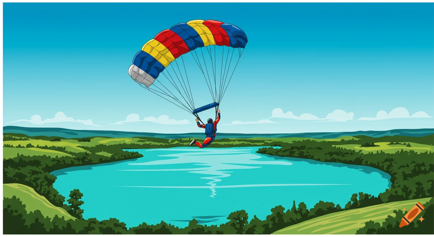 Cartoon illustration of a skydiver with a colorful parachute soaring over a lake and green landscape.