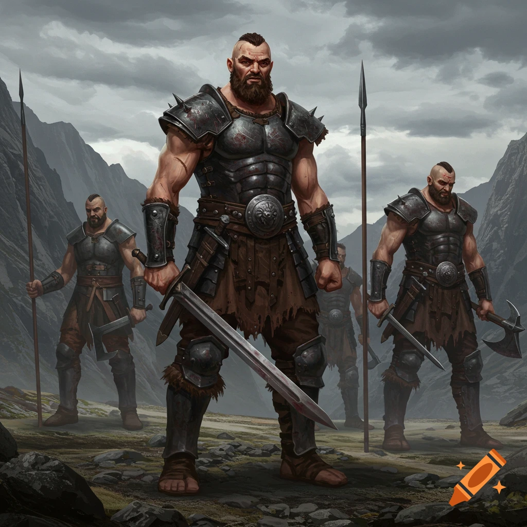 Large, armored warriors stand in a rocky mountain landscape under cloudy skies.