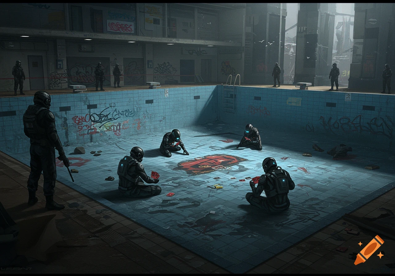 Futuristic figures in suits play cards in an abandoned swimming pool while guards watch. Digital illustration.