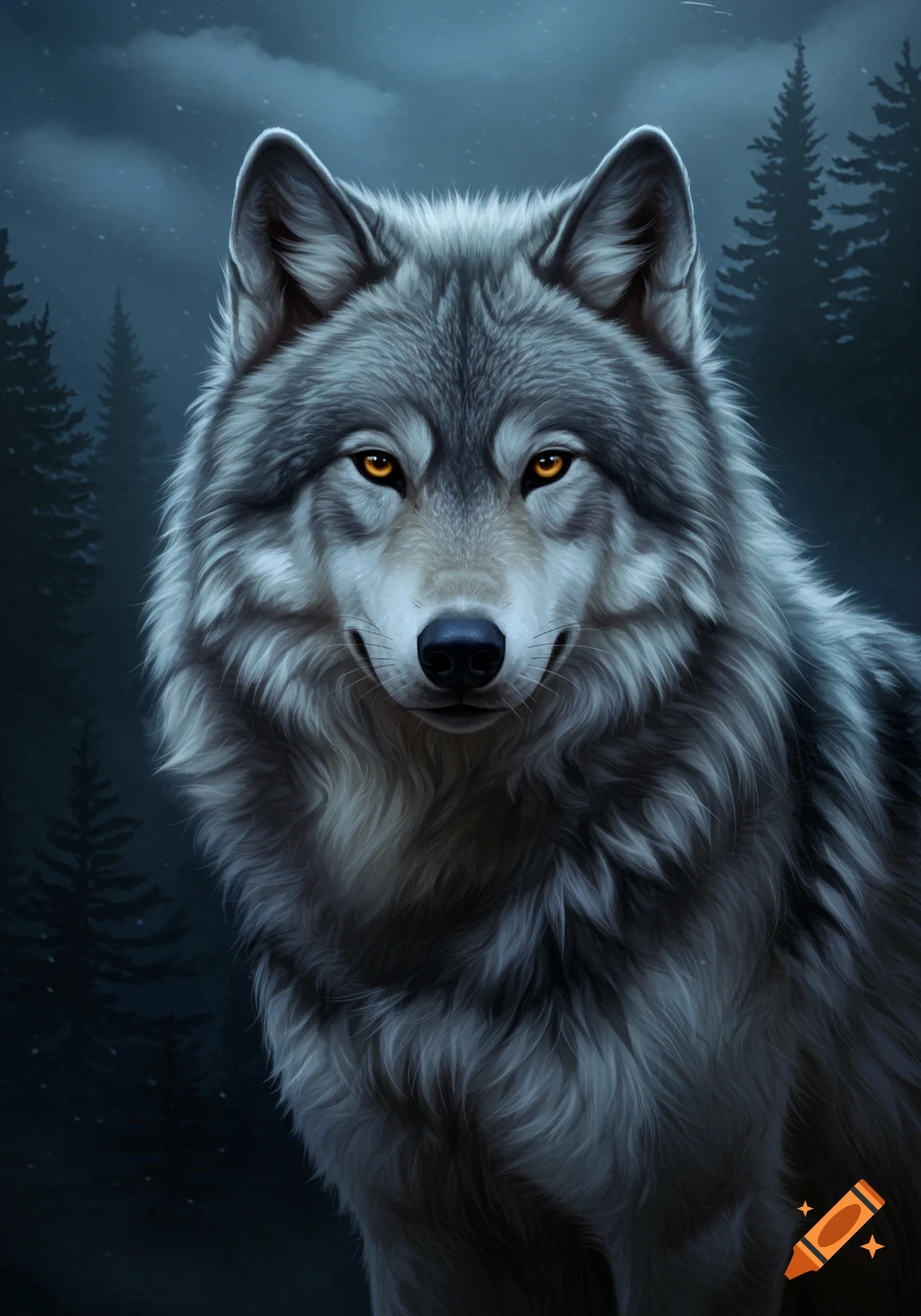 Close-up digital painting of a grey wolf with bright orange eyes in a dark forest.