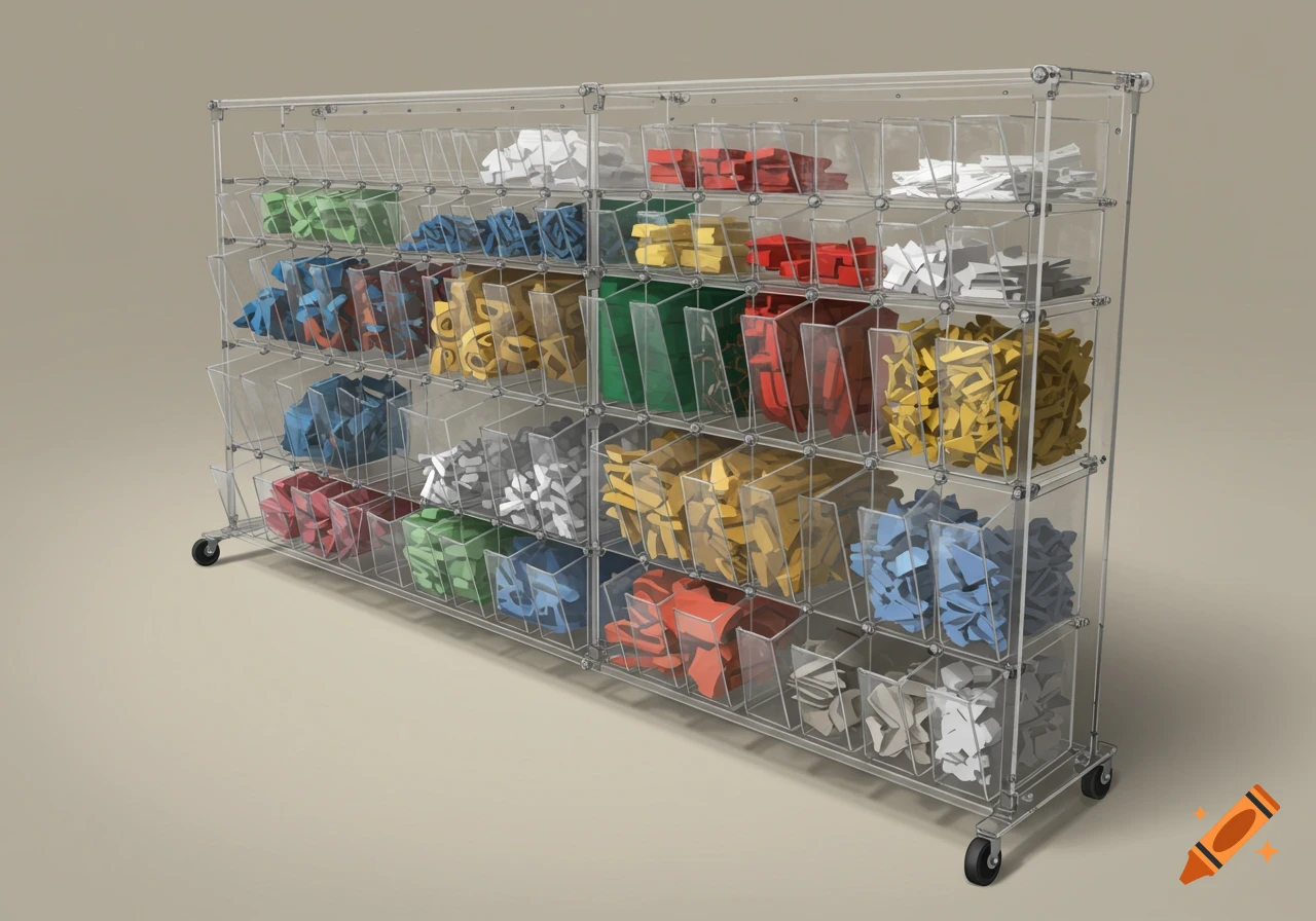 A large clear acrylic storage rack filled with bins containing colorful ...