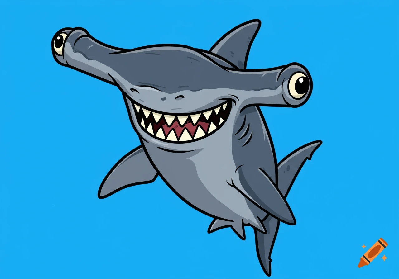 Cartoon hammerhead shark smiling on a blue background.