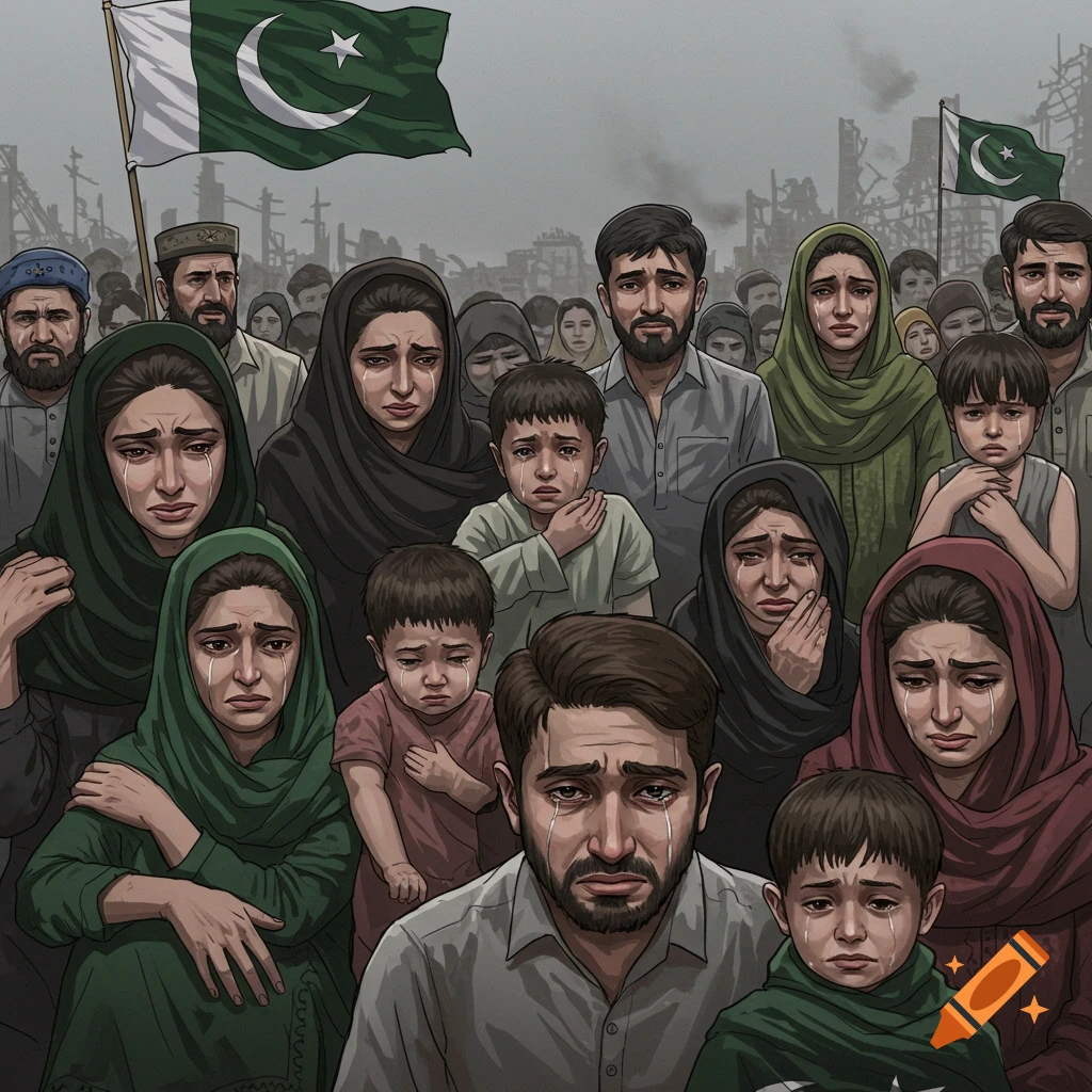 Crying Pakistani people stand before flags in a devastated area.