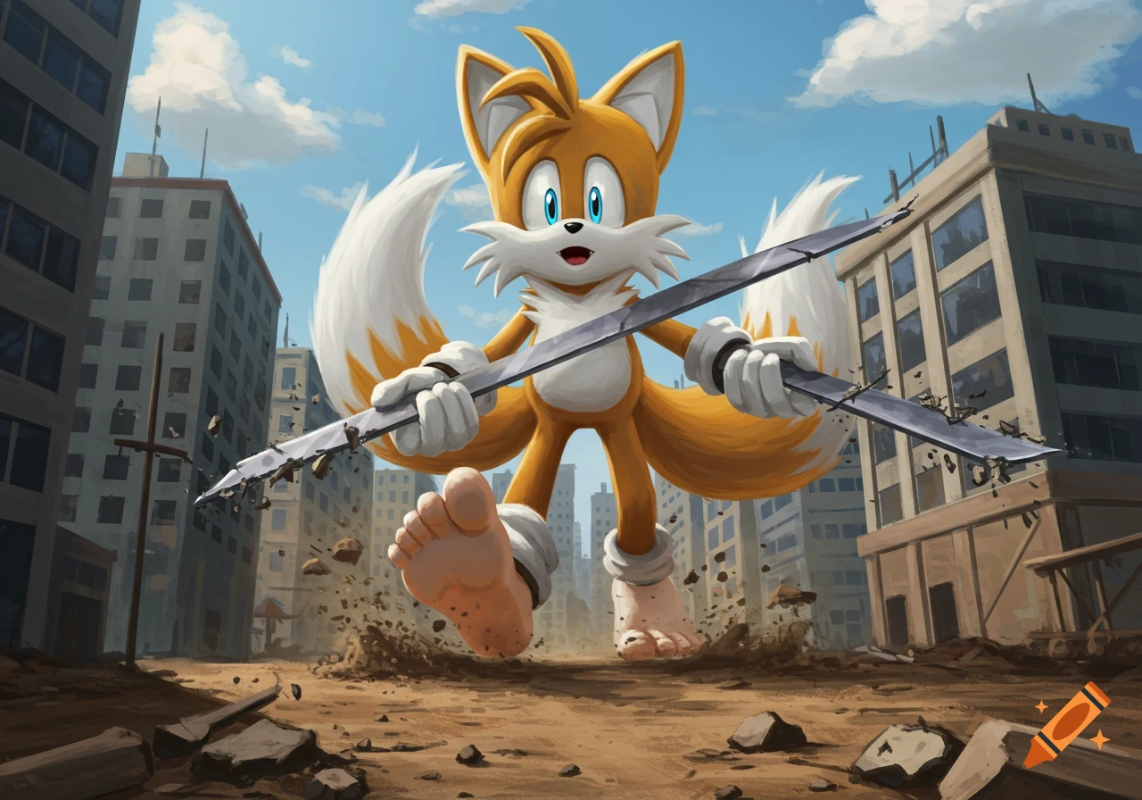 Giant Tails the Fox stomps through a destroyed city, holding broken metal beams.