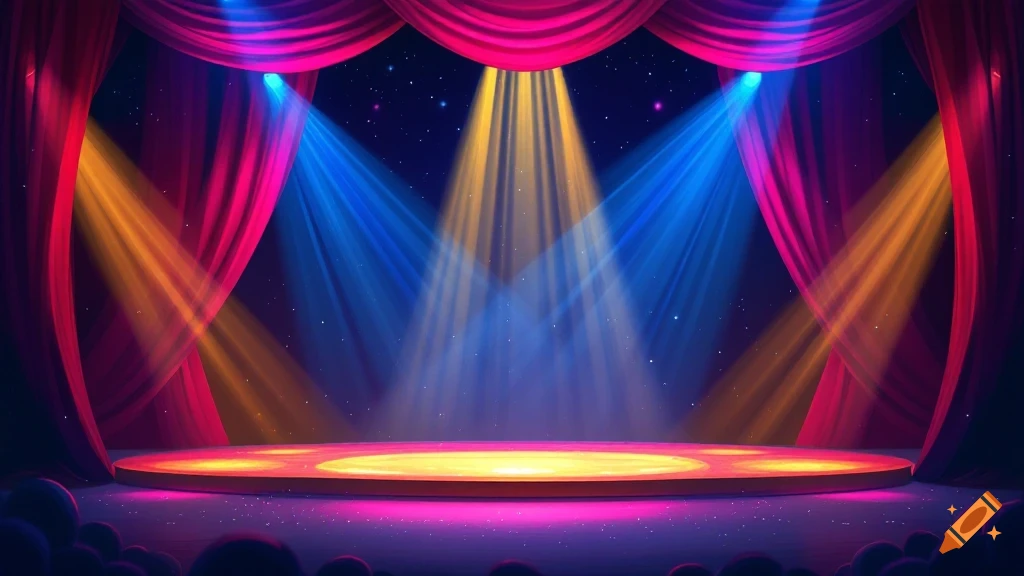 An empty theatre stage with red curtains and colorful spotlights.