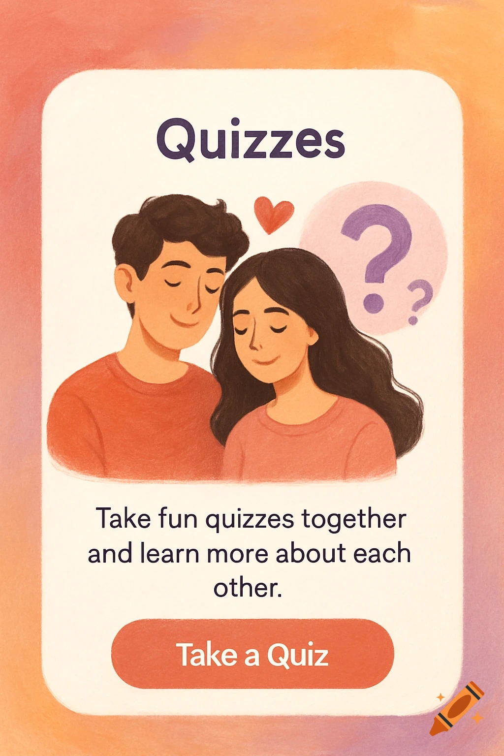 Illustration of a smiling couple on a relationship app card with text about quizzes.