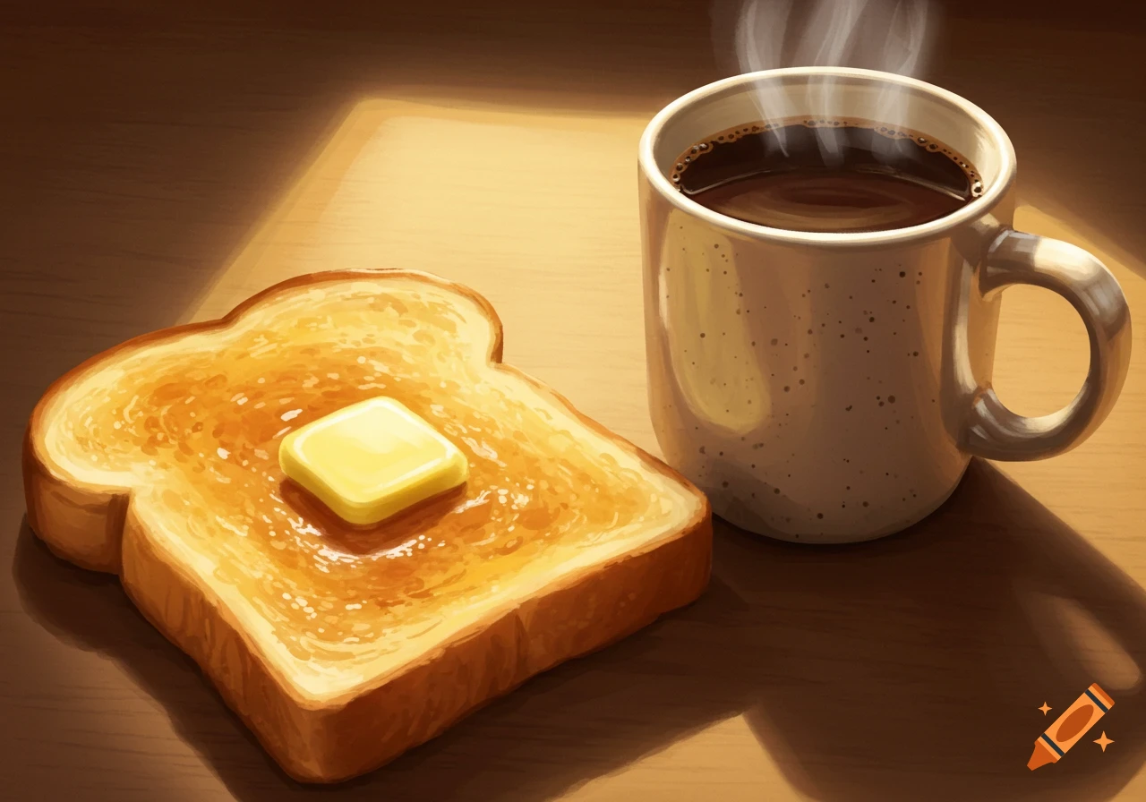 Toast with butter and coffee on a table.