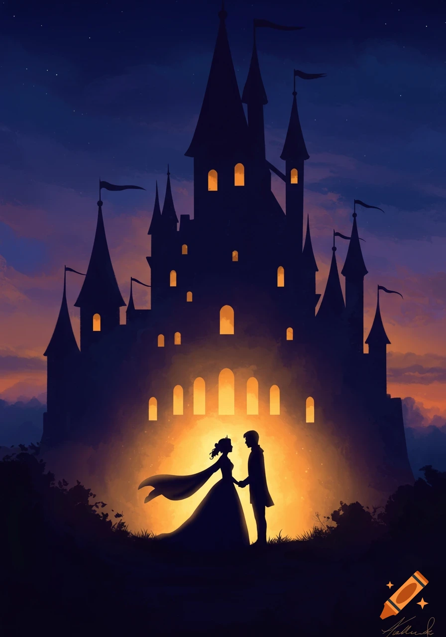 Silhouette of a couple holding hands in front of a glowing castle at dusk, painted style.