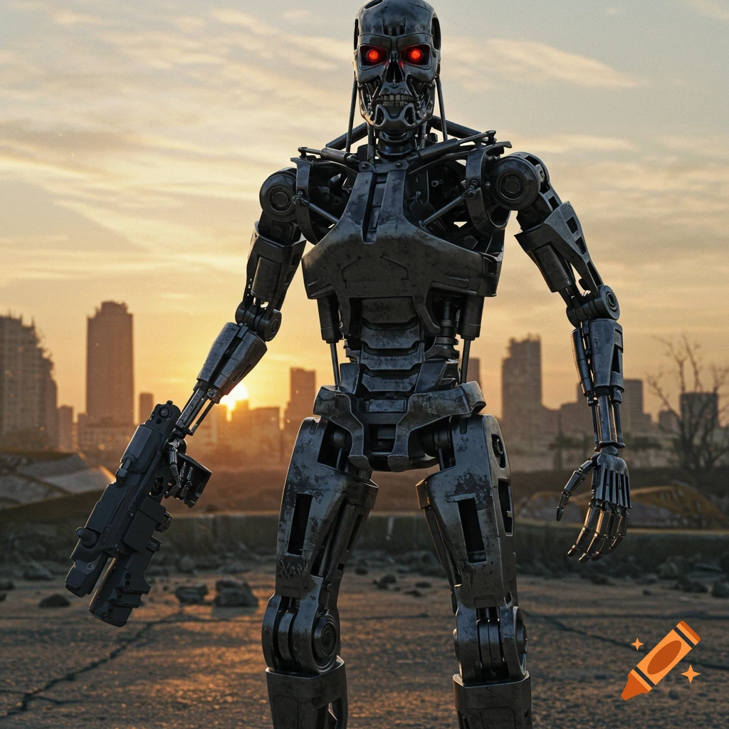 Photorealistic render of a Terminator-style robot standing in a ruined city at sunset, holding a rifle.