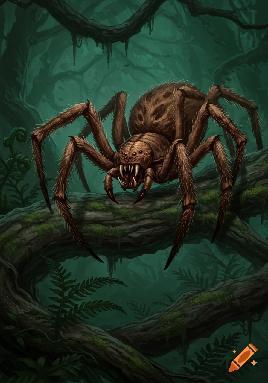 Illustration of a large, hairy spider with fangs on a mossy branch in a dark jungle.