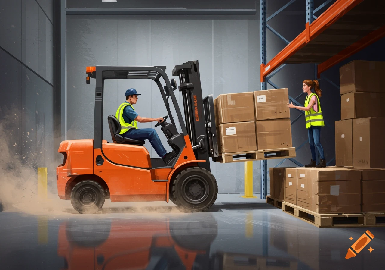 Forklift operator lifts boxes for a worker in a warehouse illustration.