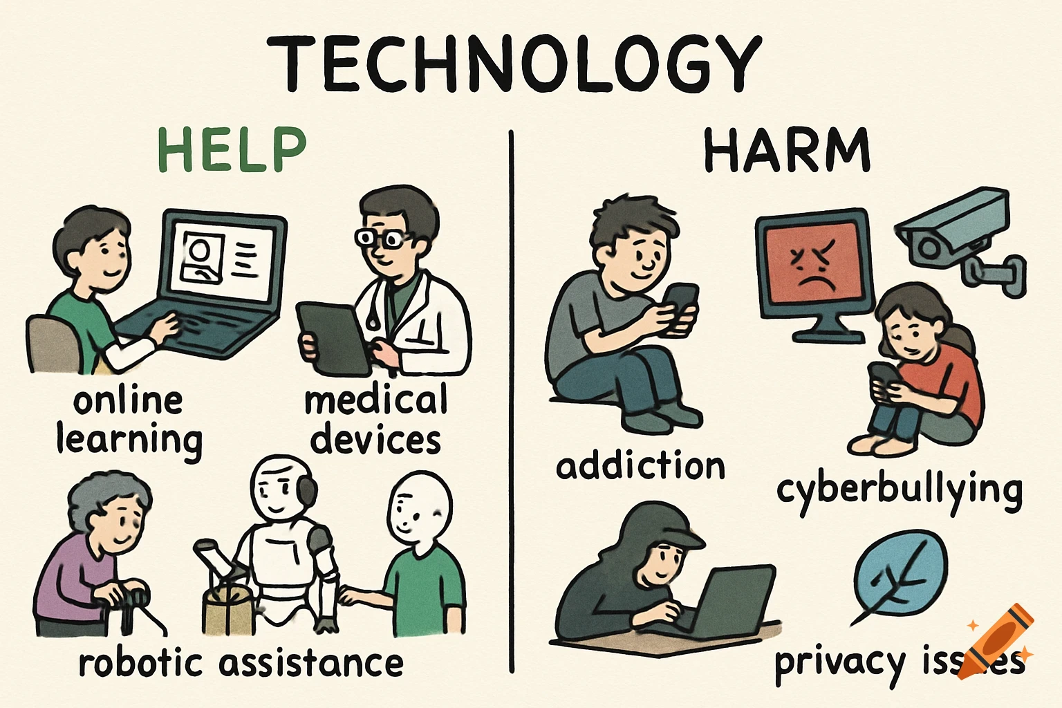 Cartoon illustration showing the help (learning, medical, robotics) and harm (addiction, cyberbullying, privacy) of technology.