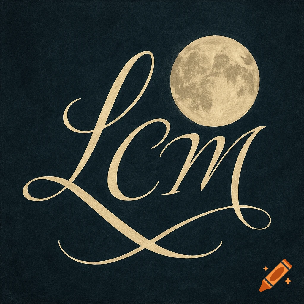 Calligraphic initials LCM with a textured full moon on a dark background.