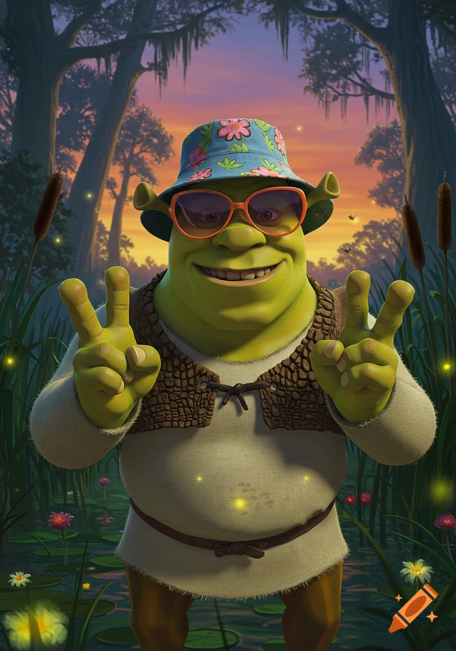Shrek in a bucket hat and sunglasses doing a peace sign in a swamp