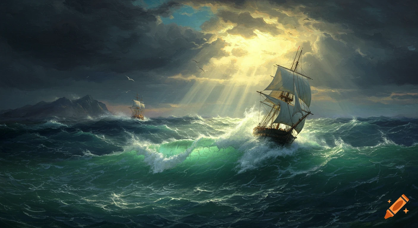 Dramatic painting of sailing ships in a stormy sea under dramatic light, in the style of Turner and Aivazovsky.