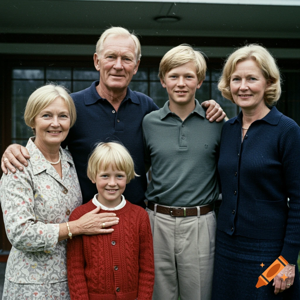 Family portrait outside a house, 1970s style