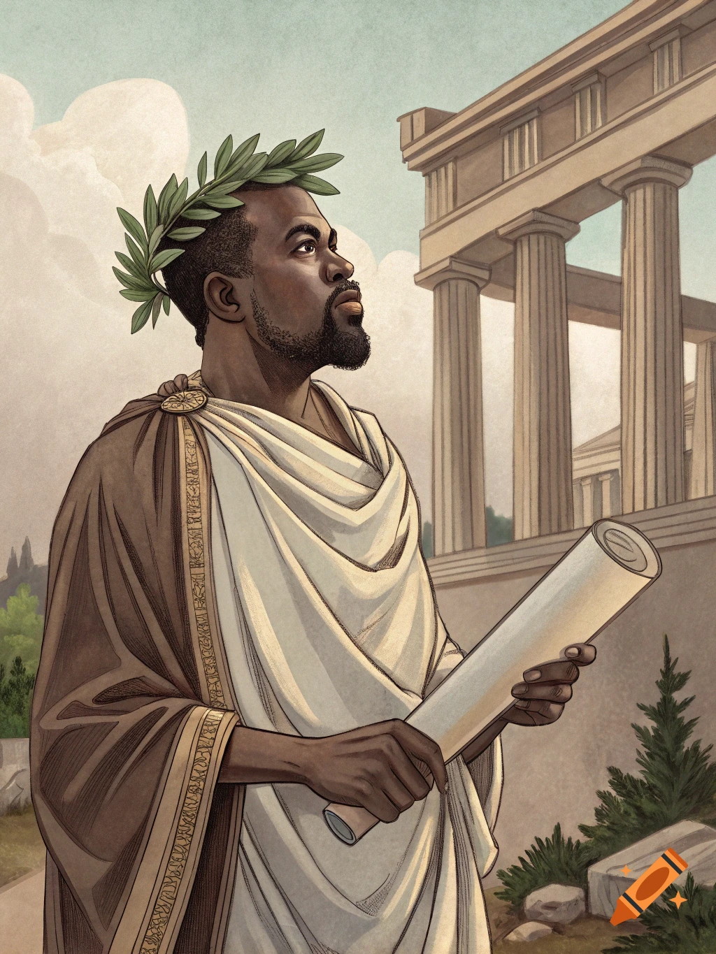 Illustration of a man in ancient robes and a laurel wreath, holding a scroll, standing before Greek architecture.