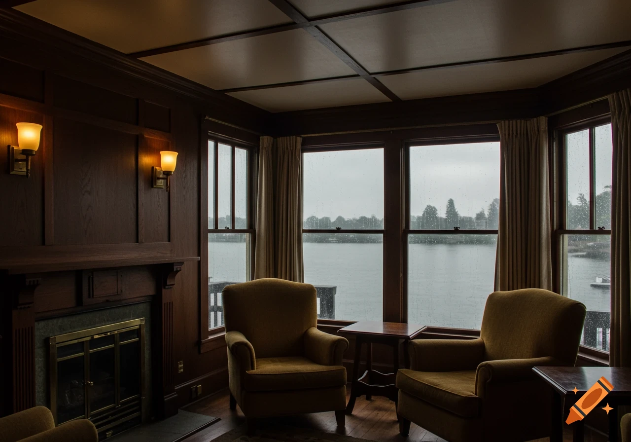 Cozy 1920s room with fireplace and armchairs overlooking a rainy lake view.