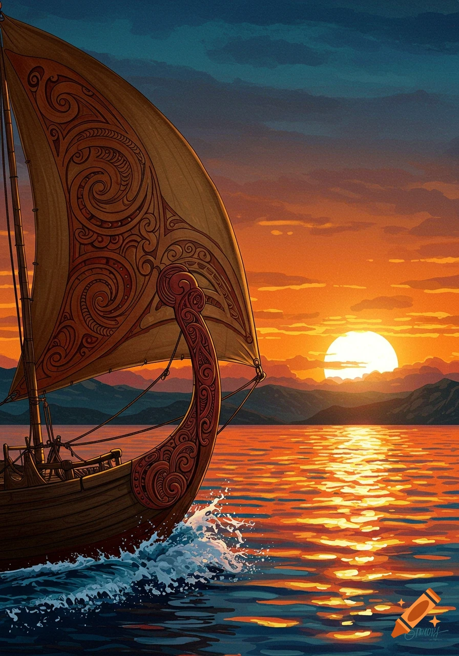 A sailboat with Maori-style patterns on its sail and hull sails on the water during a sunset.