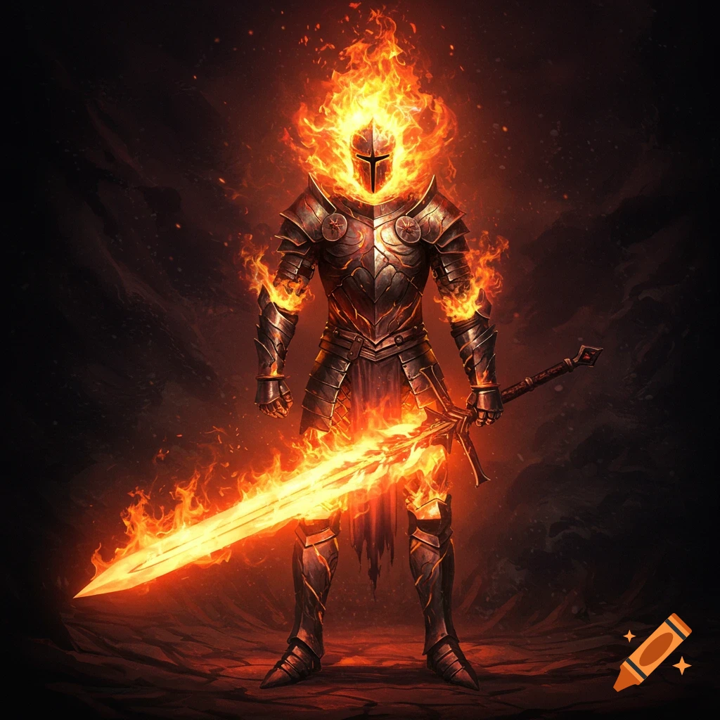 A knight in armor holding a fiery sword, with their head and arms engulfed in flames.