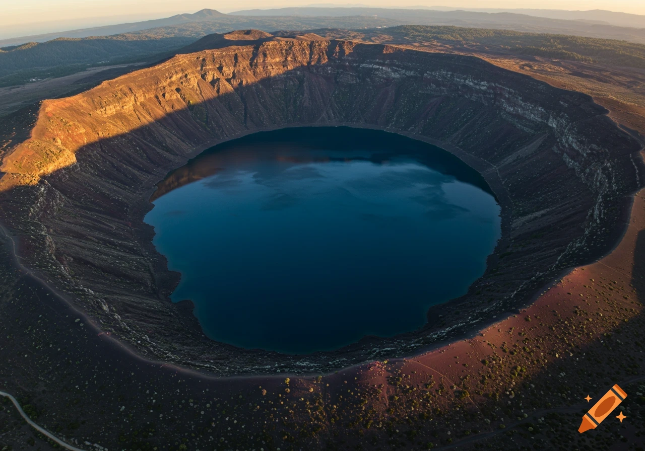 Aerial view of a deep volcanic crater filled with dark blue water at sunset.