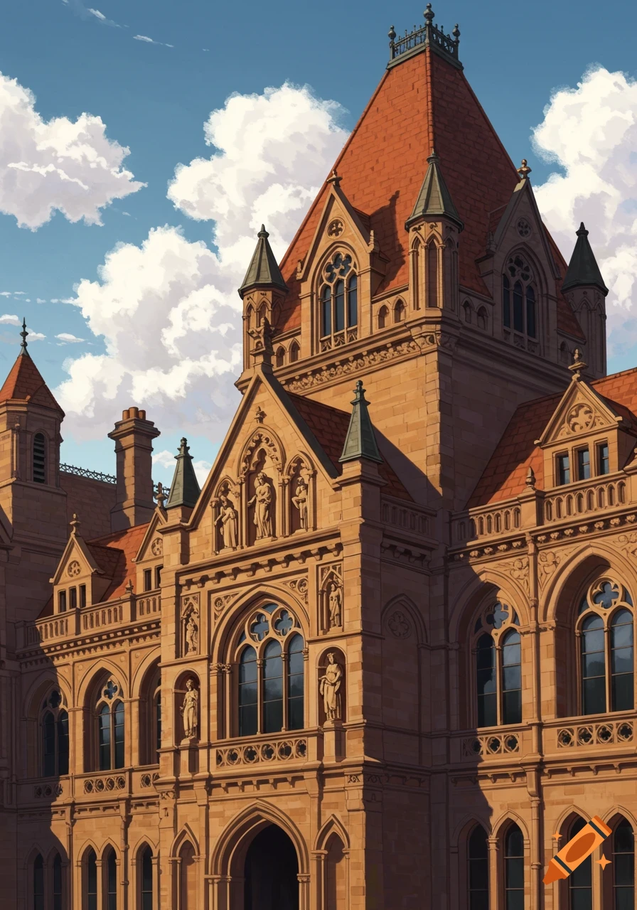 Detailed view of an ornate stone building with a red roof under a blue sky with clouds, in an architectural style.