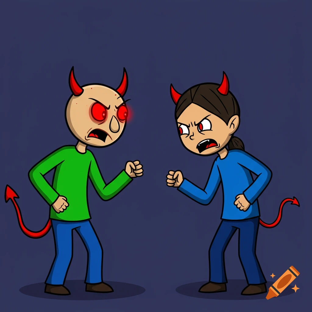 Two cartoon characters with devil horns and tails, wearing green and blue shirts, facing each other angrily.